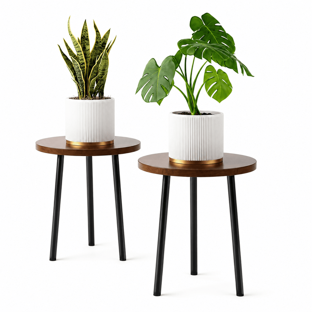 Two small round tables with planters on a white background