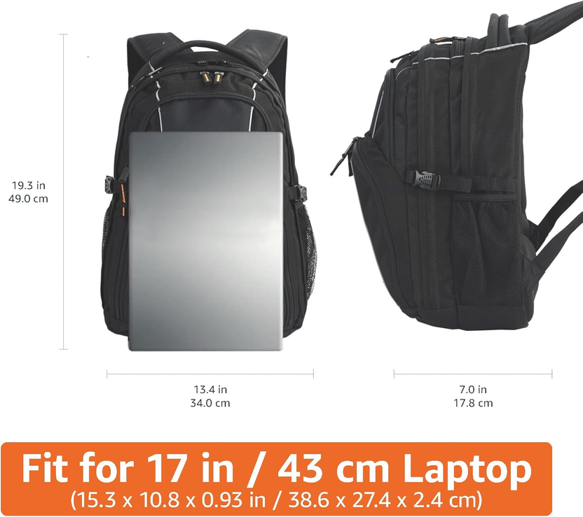 Padded Laptop Backpack with Water Bottle Pockets, Travel Work Bag with Compartments, Fits up to 17-Inch Laptops, Black صورة ثانوية