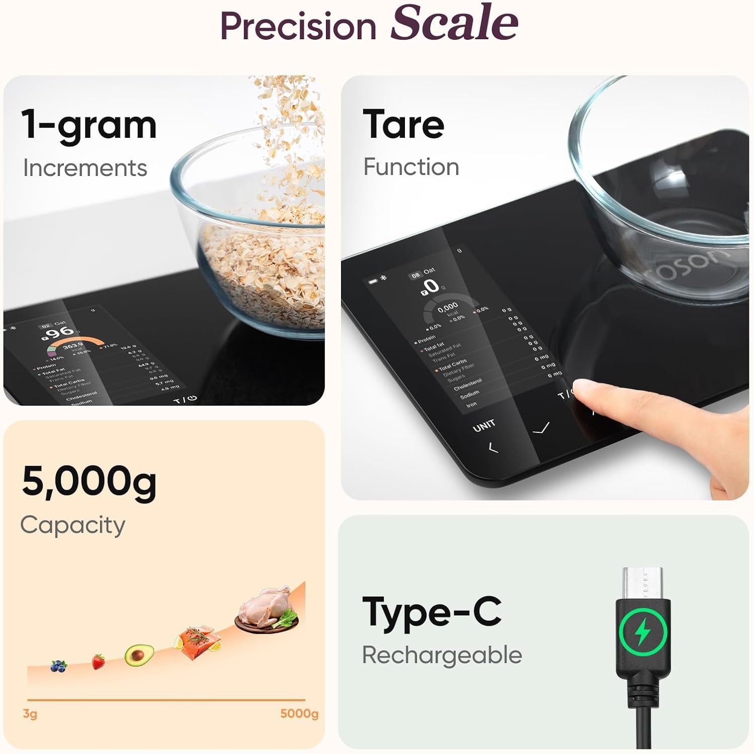 Smart Food Kitchen Scale with Nutritional Calculator, Free App for AI Scan, Calorie & Macro Tracking, Food Preload, On-Screen Nutrient Info, Personal Goals, Rechargeable, 11 Lb / 5 Kg