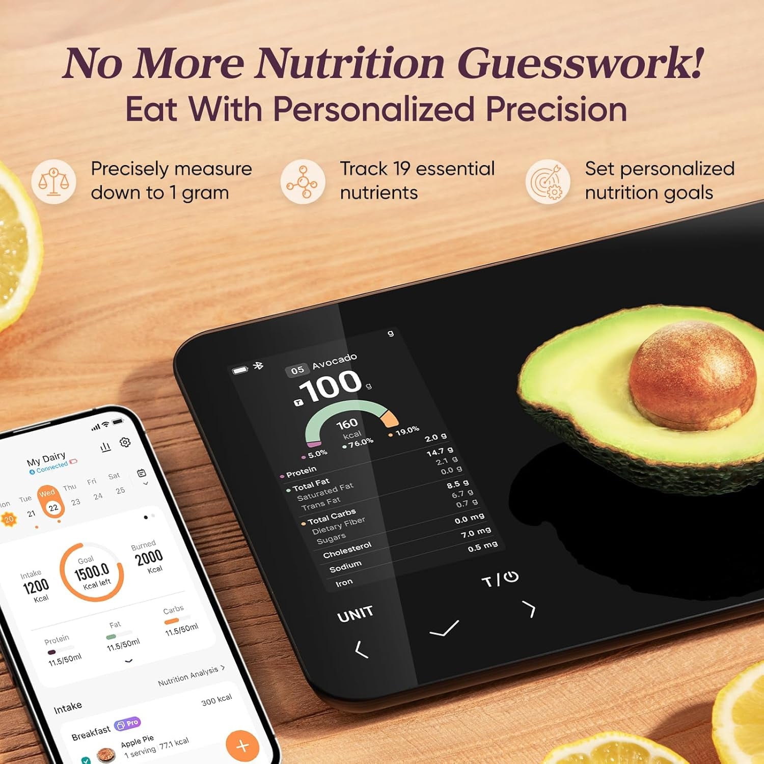 Smart Food Kitchen Scale with Nutritional Calculator, Free App for AI Scan, Calorie & Macro Tracking, Food Preload, On-Screen Nutrient Info, Personal Goals, Rechargeable, 11 Lb / 5 Kg