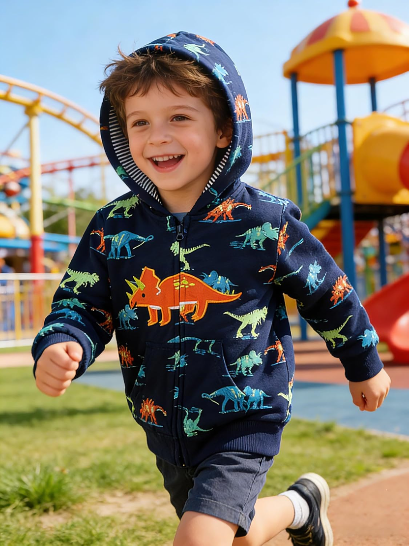 Boys Toddler Cartoon Dinosaur Hoodies Jacket Cool Long Sleeve Zipper Hooded Sport Sweatshirt Coat for Kids 1-7 Years صورة ثانوية
