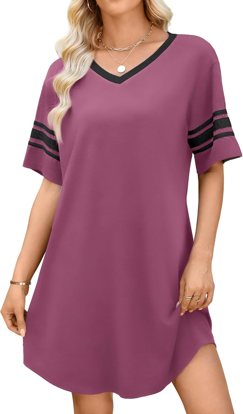 Nightgowns for Women Soft Sleep Shirt V Neck Short Sleeve Loungewear Loose Comfy Nightshirts الصورة الرئيسية
