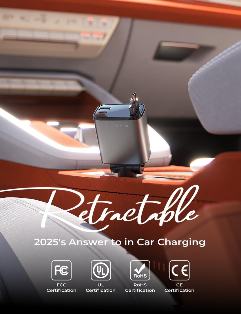 Retractable Car Charger, for Gifts for Him Her, Cars Adapter USB C Fast Charger, Car Accessories Gadgets for Men Women Travel Essentials Gift for Iphone 17 Pro Max 16 15 14 13 12, Samsung S26 صورة ثانوية