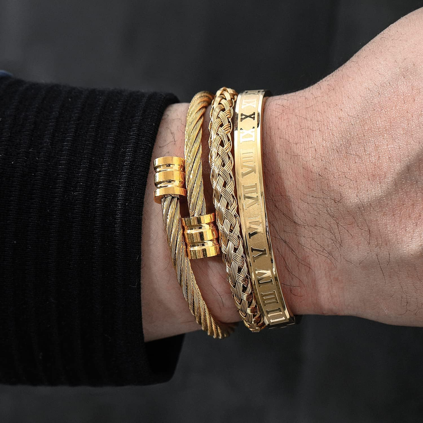 3PCS Stainless Steel Bracelets for Men Gold Roman Numeral Bangle Bracelet Twisted Cable Bracelet Adjustable Cuff Bracelet Mens Luxury Jewelry Bracelets Gifts صورة ثانوية