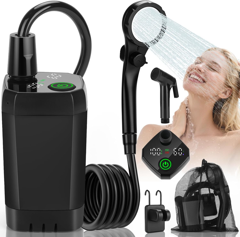 Portable Shower for Camping, Rechargeable Camping Shower Pump with LED Display of Battery Level and Temperature الصورة الرئيسية