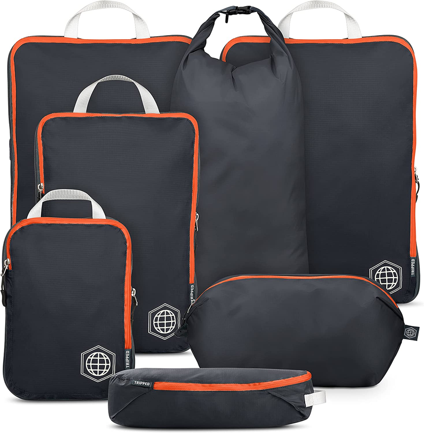 Large Compression Packing Cubes for Travel-Packing Cube Luggage Organizers 7 Piece Set for Checked Luggage-Ultralight, Expandable/Compression Bags by (Grey/Orange) Main image
