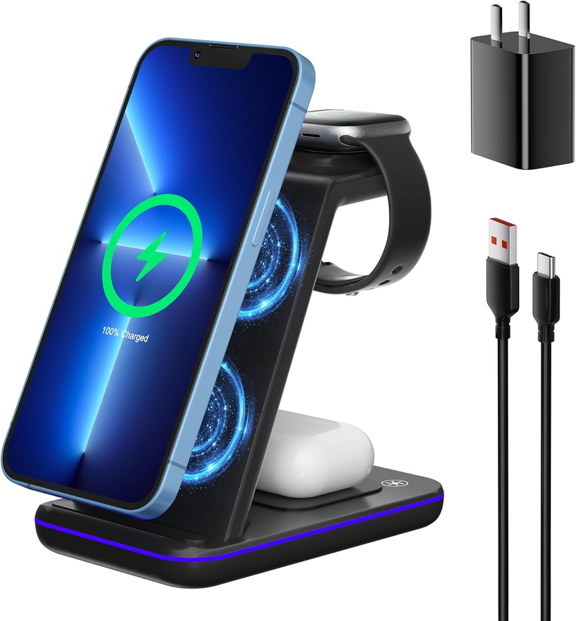 Wireless Charging Station, 3 in 1 Fast Wireless Charger for Iphone 15/14/13/12/11 Series/Se/Xs/Xs Max/Xr/X/8/8 Plus, Charging Stand for Apple Watch Se/8/7/6/5/4/3/2/Ultra and Airpods Pro/3/2 الصورة الرئيسية