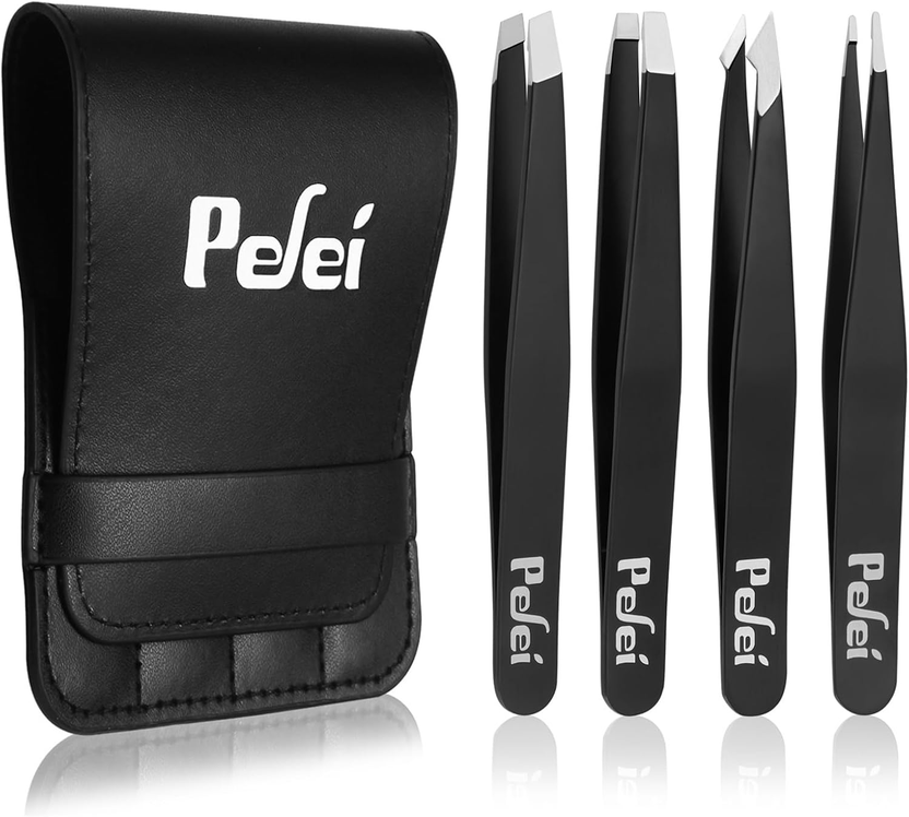 Tweezers Set - Professional Stainless Steel Tweezers for Eyebrows - Great Precision for Facial Hair, Splinter and Ingrown Hair Removal (Black) الصورة الرئيسية