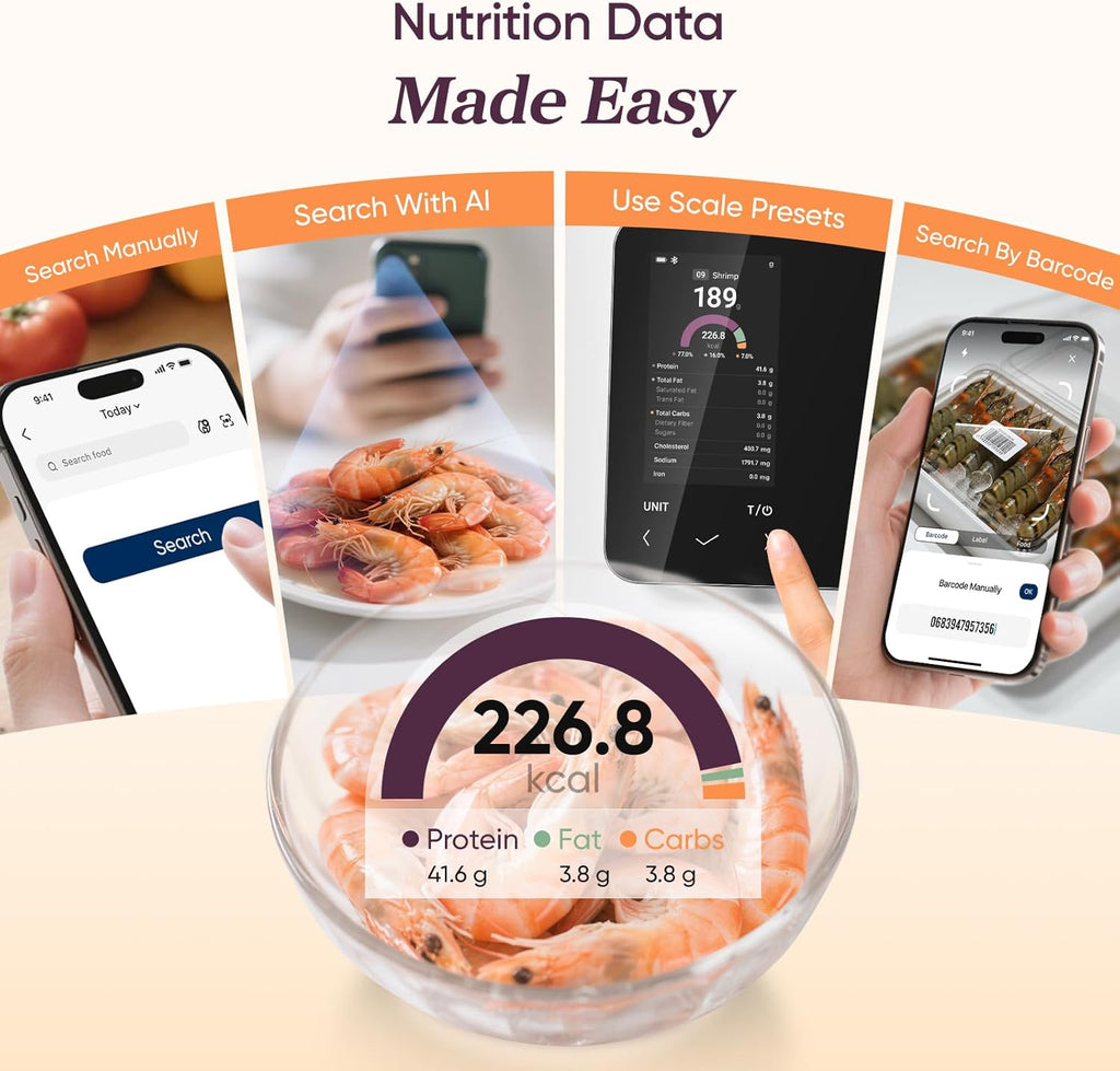 Smart Food Kitchen Scale with Nutritional Calculator, Free App for AI Scan, Calorie & Macro Tracking, Food Preload, On-Screen Nutrient Info, Personal Goals, Rechargeable, 11 Lb / 5 Kg