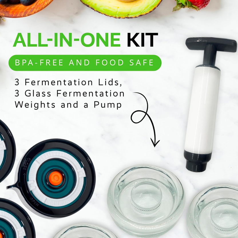Fermentation Lids Starter Set, Includes 3 Airlock Fermentation Lids and 3 Glass Weights, Sauerkraut Fermenting Kit for Wide Mouth Mason Jar, Pickles, Vegetables, & Kimchi Making Kit صورة ثانوية