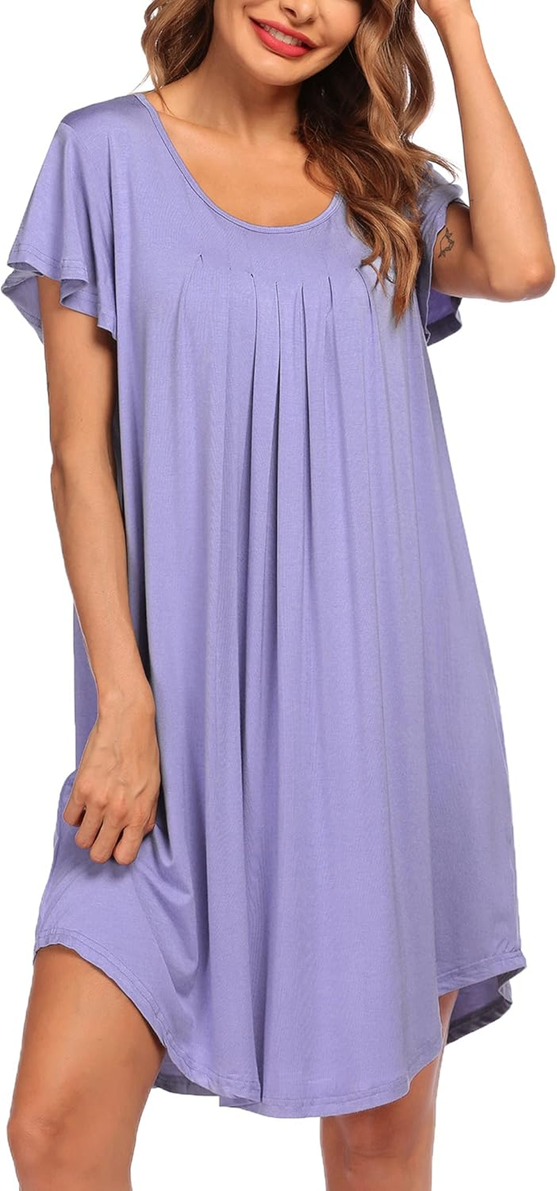 Womens Nightgown Soft Sleepwear Pleated Sleepshirt Sleep Dress Short Sleeve Nightdress S-3XL الصورة الرئيسية