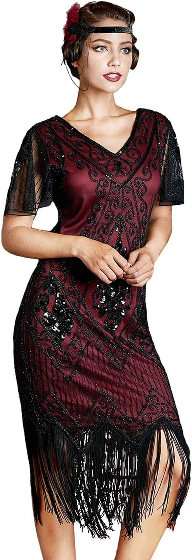 Women'S Flapper Dresses 1920S Sequins Art Deco Gatsby Cocktail Dress with Sleeve الصورة الرئيسية
