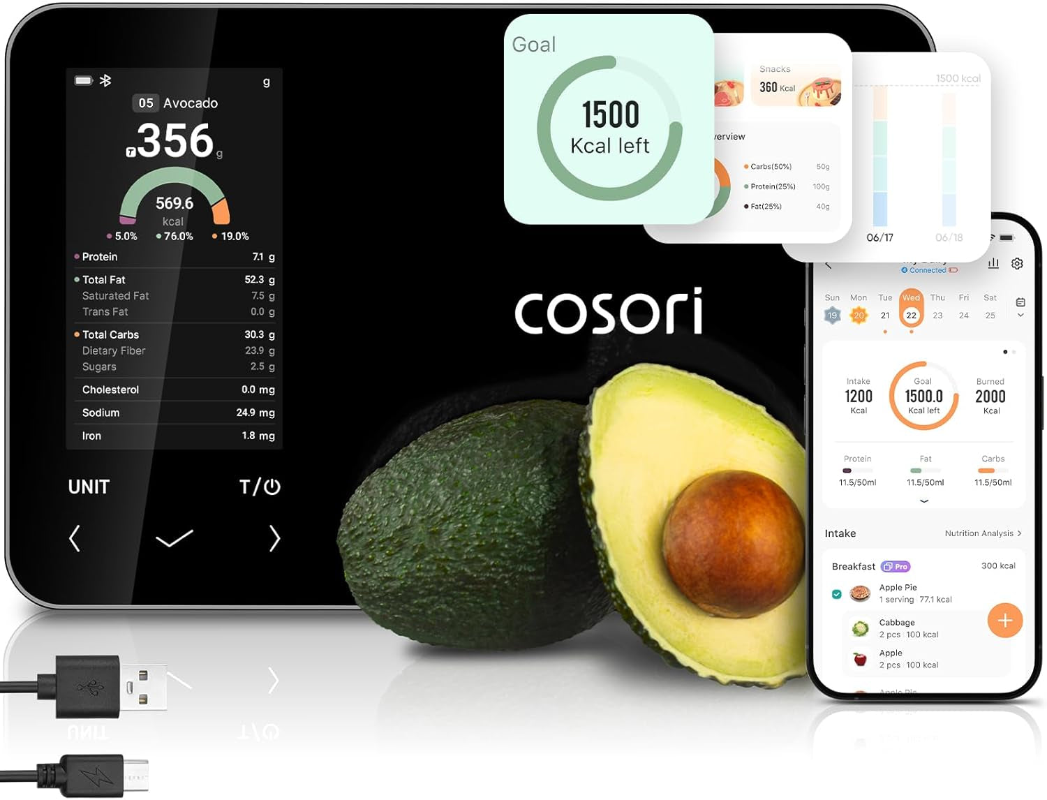Smart Food Kitchen Scale with Nutritional Calculator, Free App for AI Scan, Calorie & Macro Tracking, Food Preload, On-Screen Nutrient Info, Personal Goals, Rechargeable, 11 Lb / 5 Kg