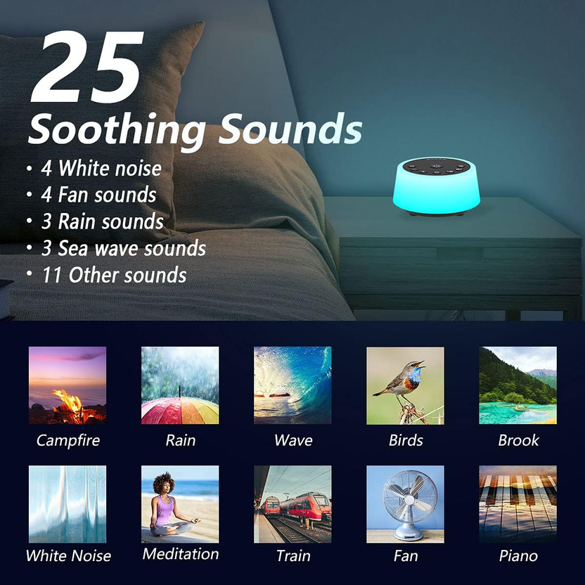 Sound Machines with 10 Colors Night Light 25 Soothing Sounds and Sleep White Noise Machine 32 Volume Levels 5 Timers Adjustable Brightness Memory Function for Adults Kids Baby صورة ثانوية