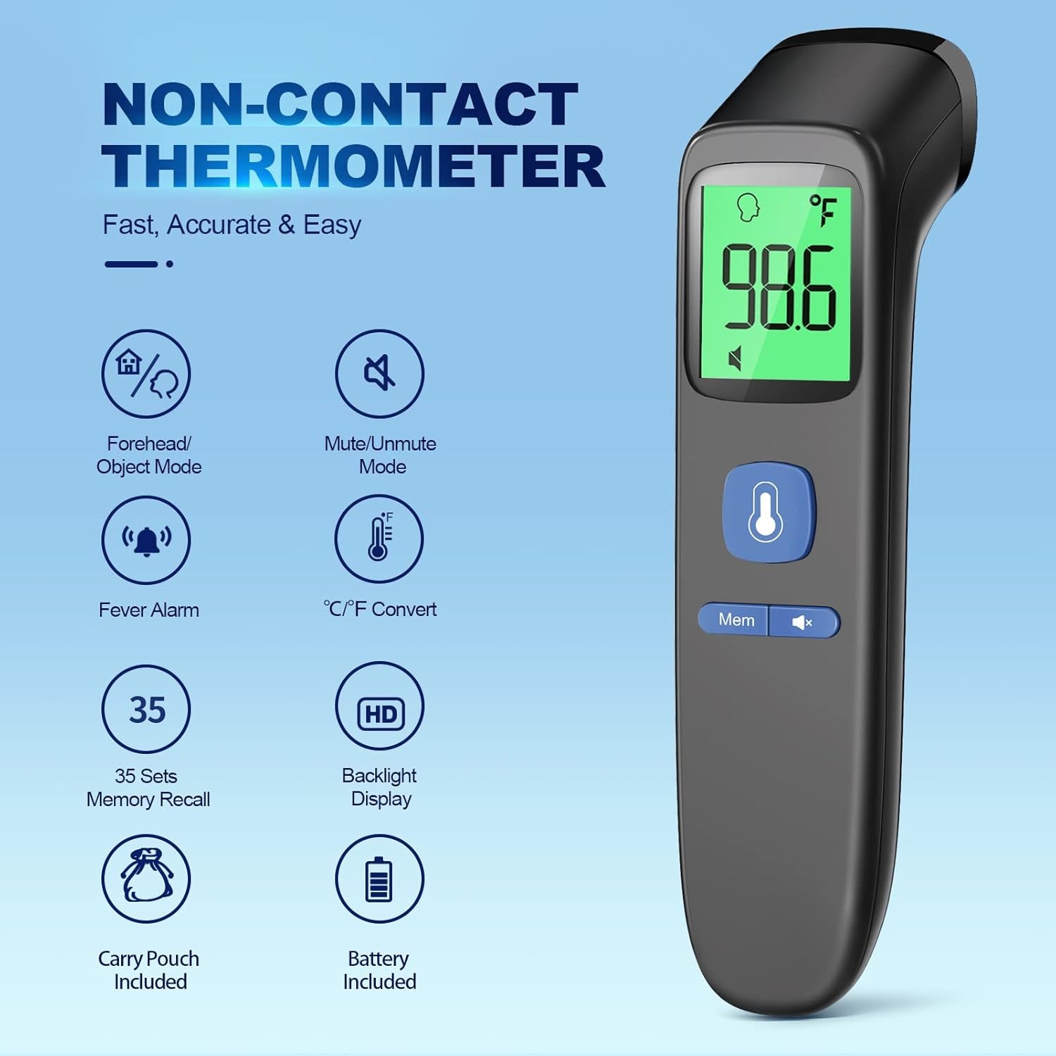 No-Touch Thermometer for Adults and Kids, Digital Baby Thermometer with Fever Alarm, 1 Second Fast Result, Easy to Use, 2 in 1 Mode