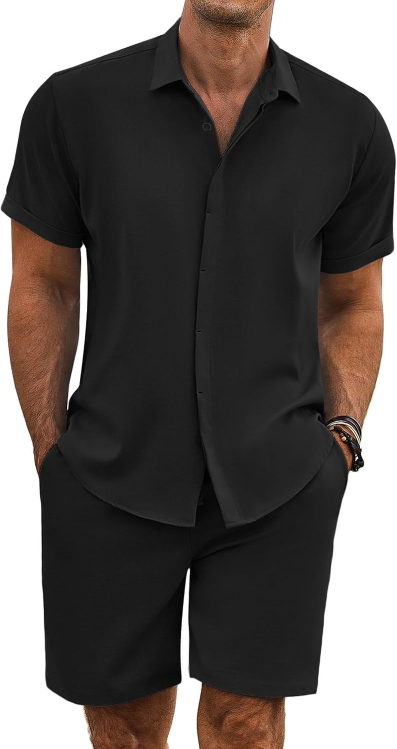 Men'S Summer Beach Outfits 2 Piece Short Sleeve Shirts and Shorts Vacation Texture Linen Sets for Men الصورة الرئيسية