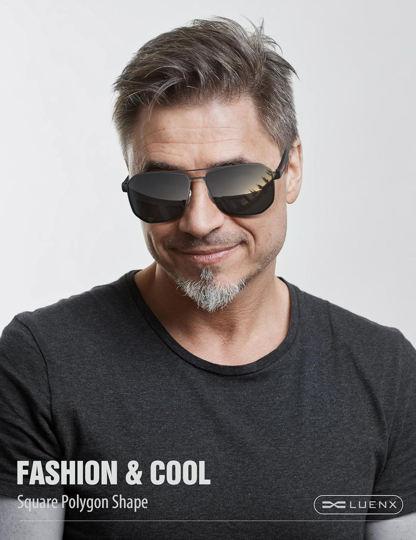 Aviator Sunglasses for Men Square Polarized Polygon Lens - UV 400 Protection with Accessories Driving Outdoor صورة ثانوية