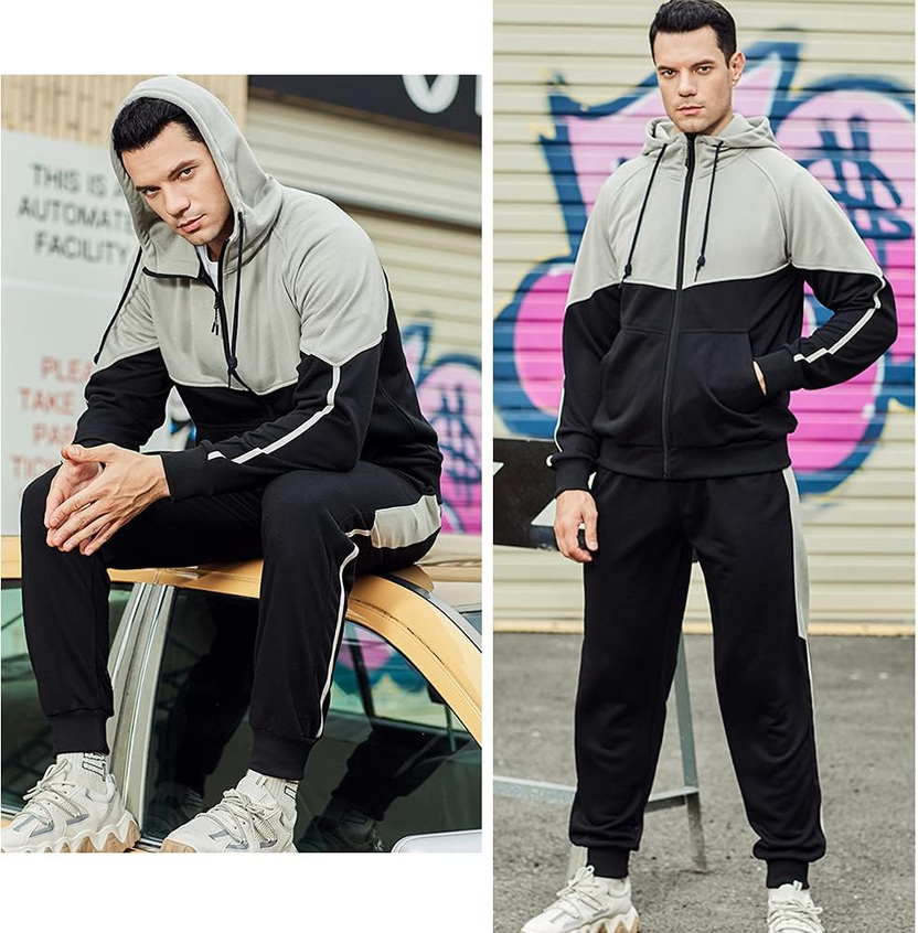 Men'S Hooded Athletic Tracksuit Sweatsuit Long Sleeve Full-Zip Jogging Sweatpants 2 Piece Patchwork Sportsuits صورة ثانوية