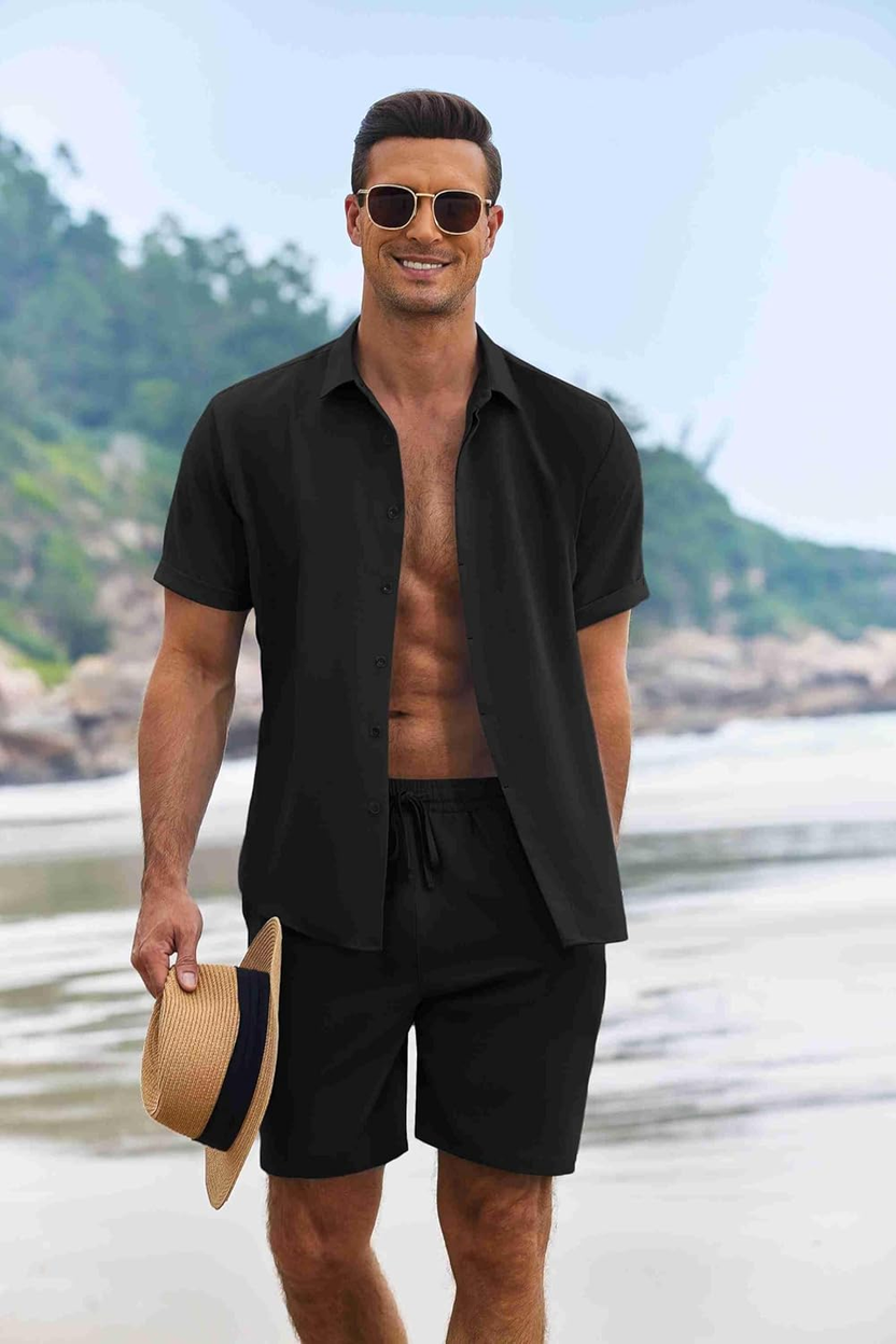 Men'S Summer Beach Outfits 2 Piece Short Sleeve Shirts and Shorts Vacation Texture Linen Sets for Men صورة ثانوية