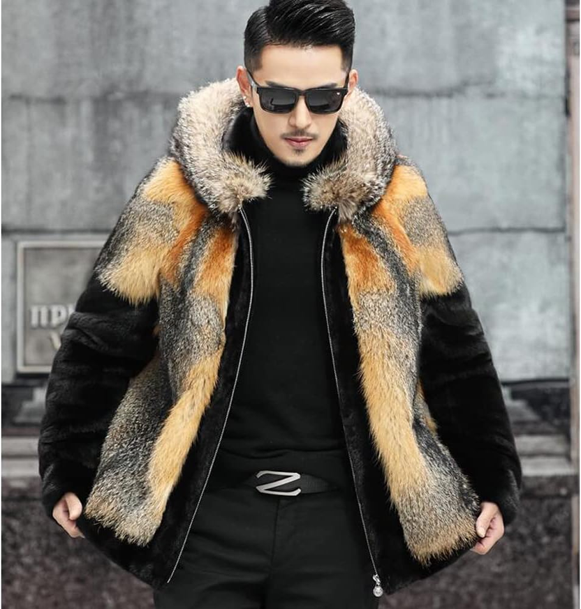 Mens Fox Fur Coat Fashion Fox Fur Coat Hooded Short Winter Warm Coats صورة ثانوية