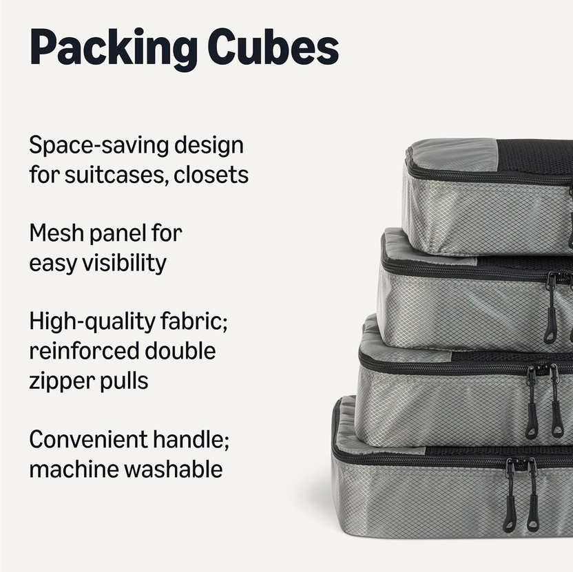 4-Piece Packing Cubes Travel Accessories Set, Space-Saving Luggage Organizer with Double Zipper, Mesh Top Panel, Medium, Gray (Previously Amazon Basics) Secondary image