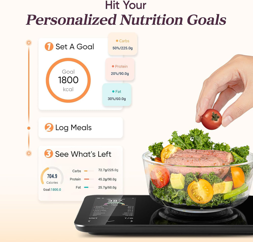 Smart Food Kitchen Scale with Nutritional Calculator, Free App for AI Scan, Calorie & Macro Tracking, Food Preload, On-Screen Nutrient Info, Personal Goals, Rechargeable, 11 Lb / 5 Kg