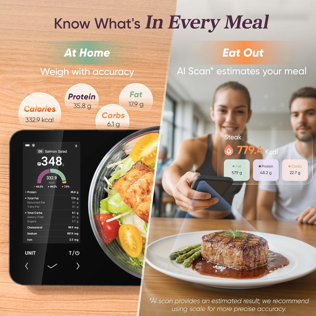 Smart Food Kitchen Scale with Nutritional Calculator, Free App for AI Scan, Calorie & Macro Tracking, Food Preload, On-Screen Nutrient Info, Personal Goals, Rechargeable, 11 Lb / 5 Kg
