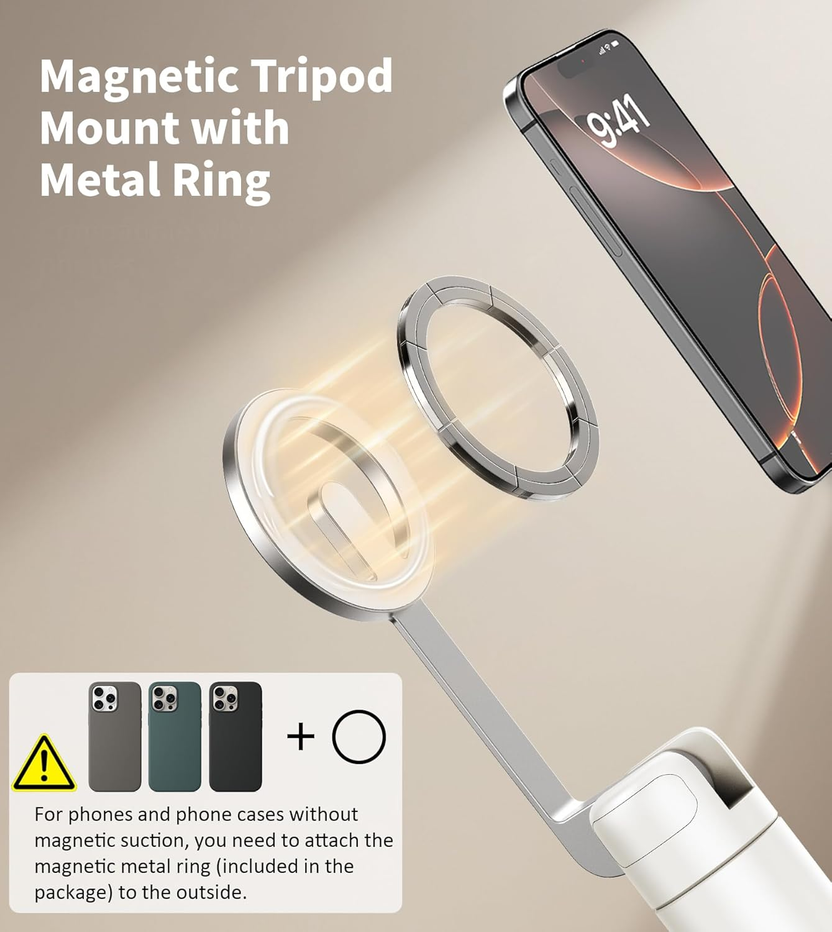 68" Magnetic Selfie Stick Tripod with Aluminum Strong Magnetic Holder for Magsafe, 360° Rotatable Travel Phone Tripod Stand with Metal Ring & Rechargeable Remote for Iphone/Android(Beige Gray) صورة ثانوية