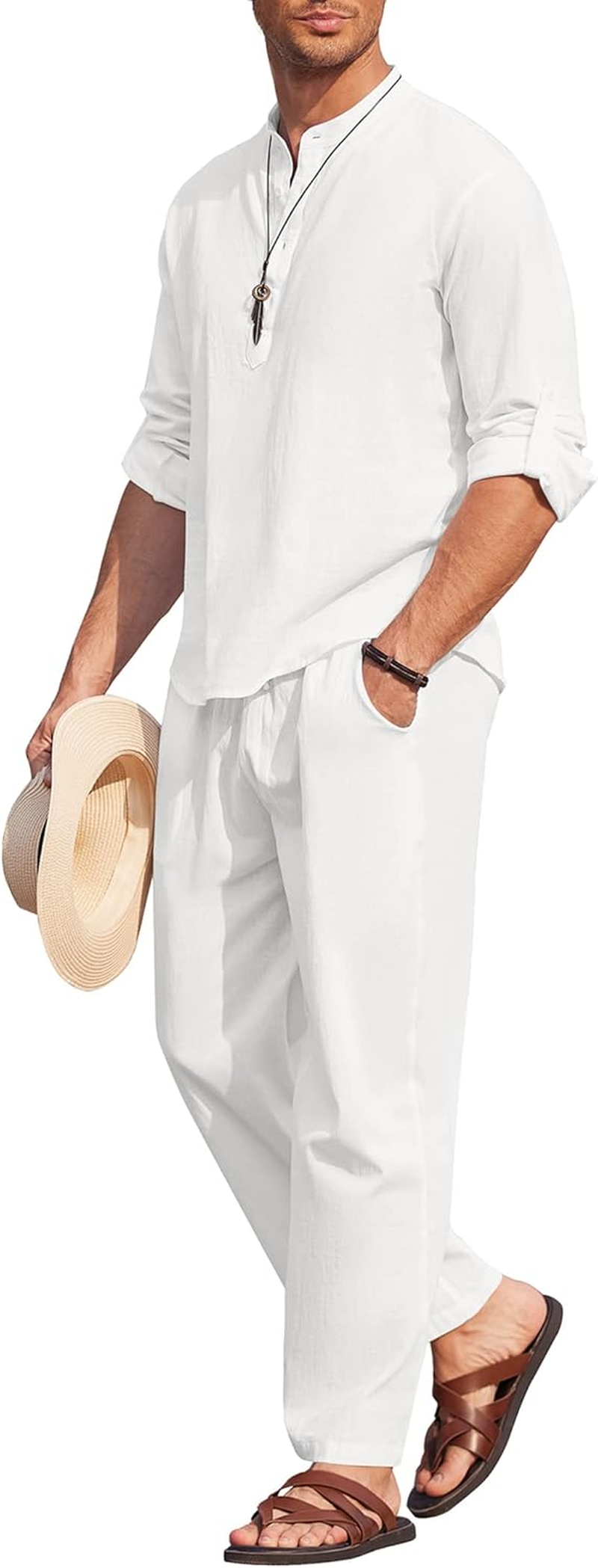 Men'S 2 Pieces Cotton Linen Set Long Sleeve Henley Shirts Casual Beach Pants with Pockets Summer Yoga Outfits الصورة الرئيسية