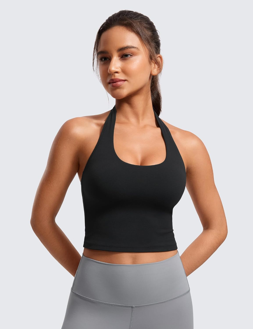 Butterluxe Halter Crop Tank Tops for Women - Open Back Padded Longline Sports Bras Workout Gym صورة ثانوية