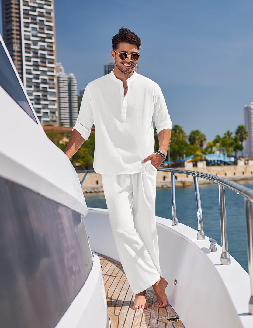 Men'S 2 Pieces Cotton Linen Set Long Sleeve Henley Shirts Casual Beach Pants with Pockets Summer Yoga Outfits صورة ثانوية