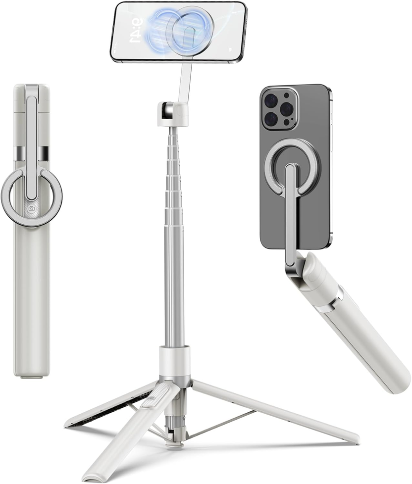 68" Magnetic Selfie Stick Tripod with Aluminum Strong Magnetic Holder for Magsafe, 360° Rotatable Travel Phone Tripod Stand with Metal Ring & Rechargeable Remote for Iphone/Android(Beige Gray) الصورة الرئيسية
