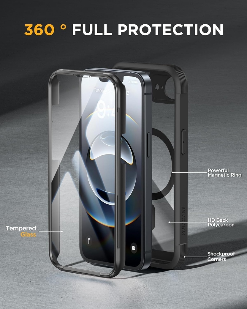 For Iphone 17E Case& Iphone 16E Case, Full-Body Phone with Built-In Glass Screen Protector, [Magnetic with Magsafe] Military Drop Proof 17 E/ 16 E Cover Bumper 6.1 Inch, Black صورة ثانوية