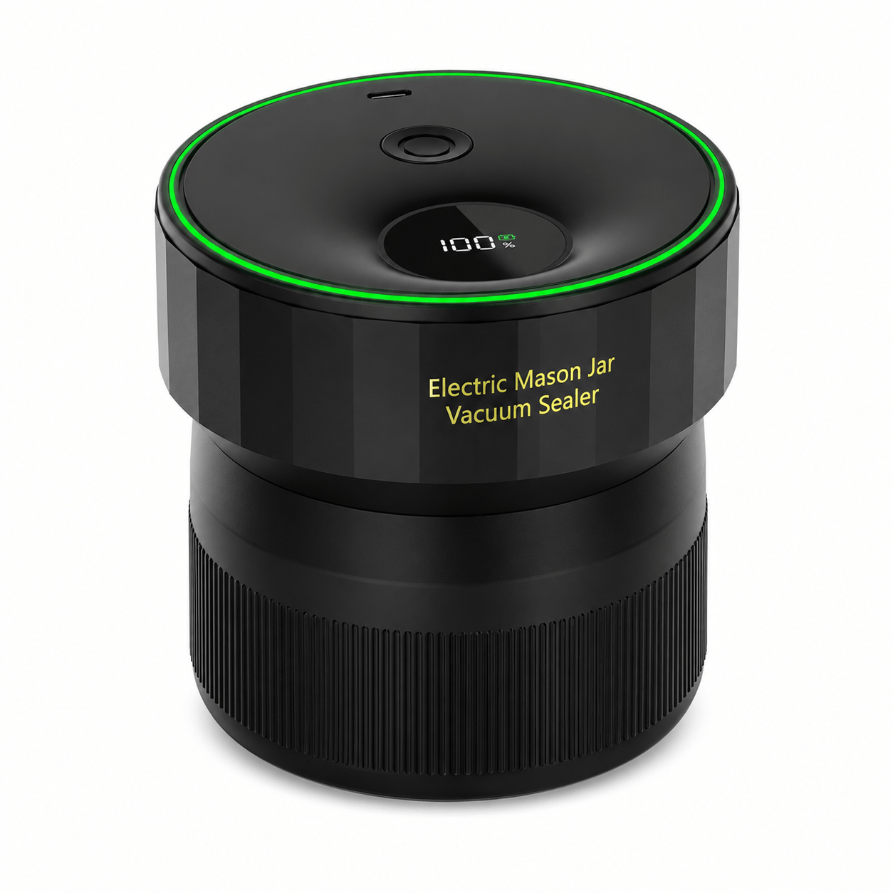 Black electric mason jar vacuum sealer with green accent on a white background